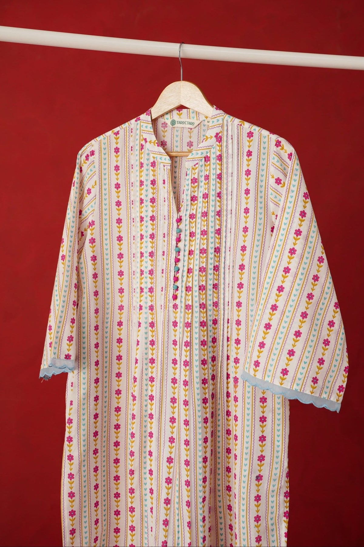 White Floral Stripe Print Kurta - Tara - C - Tara