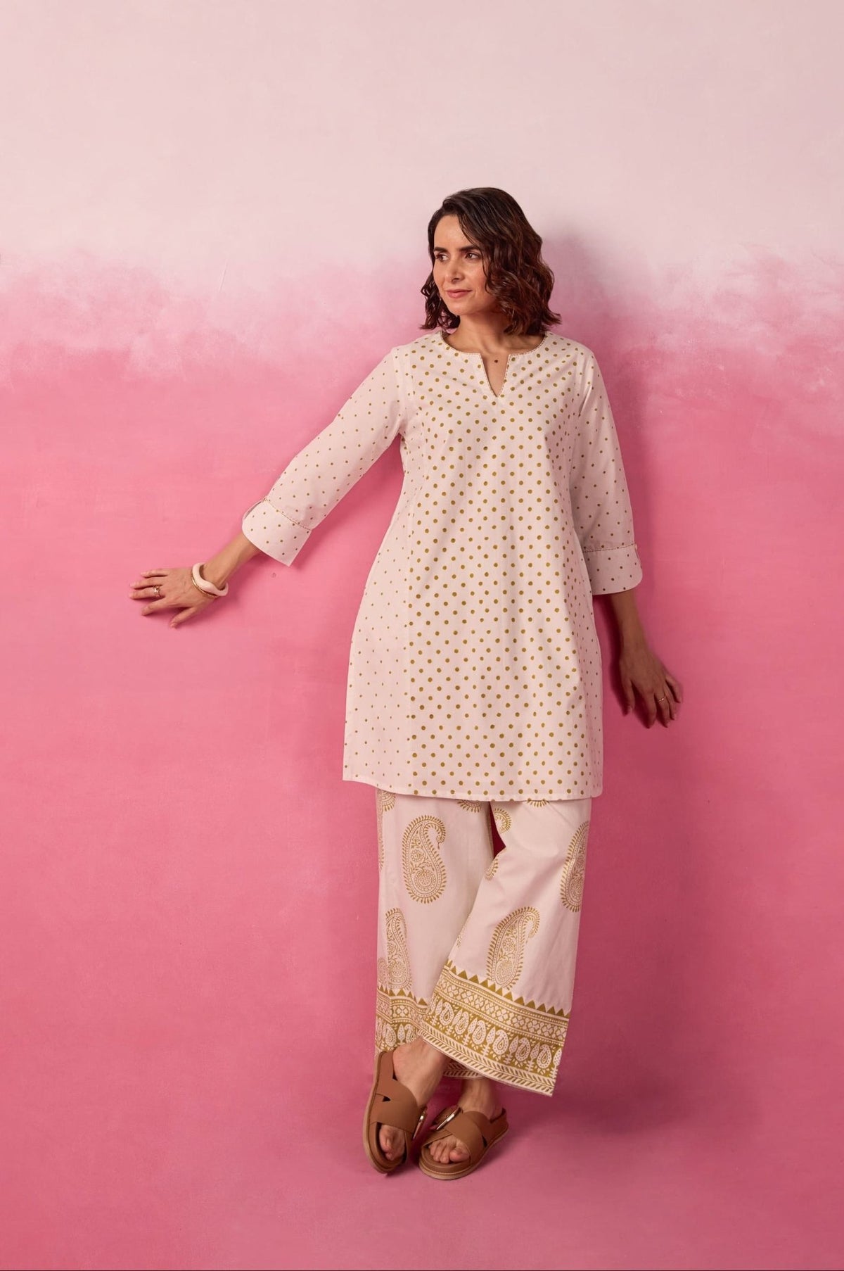 White & Gold Polka Dot & Paisley Hand Block Printed Co-ord Set - Tara-C-Tara