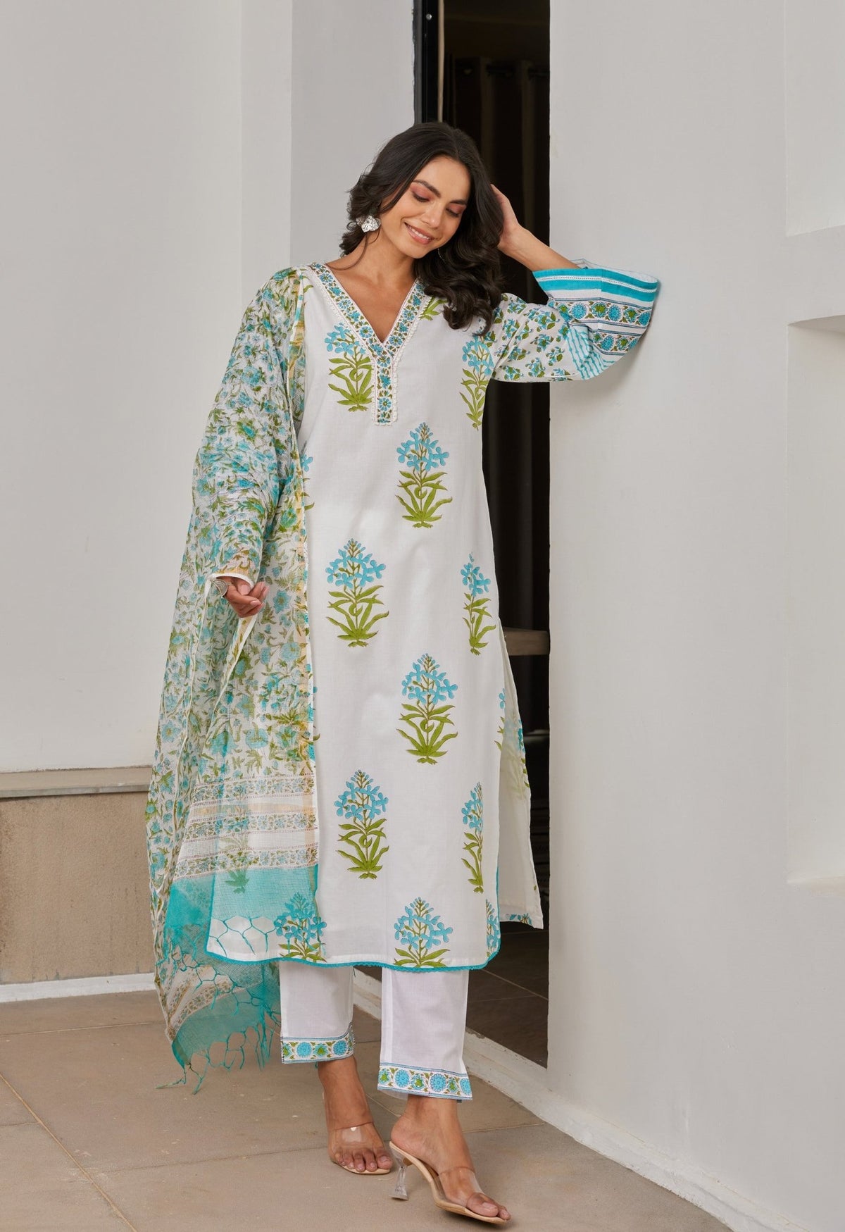 White Hand Block Printed Kurta Set With Dupatta - Tara - C - Tara