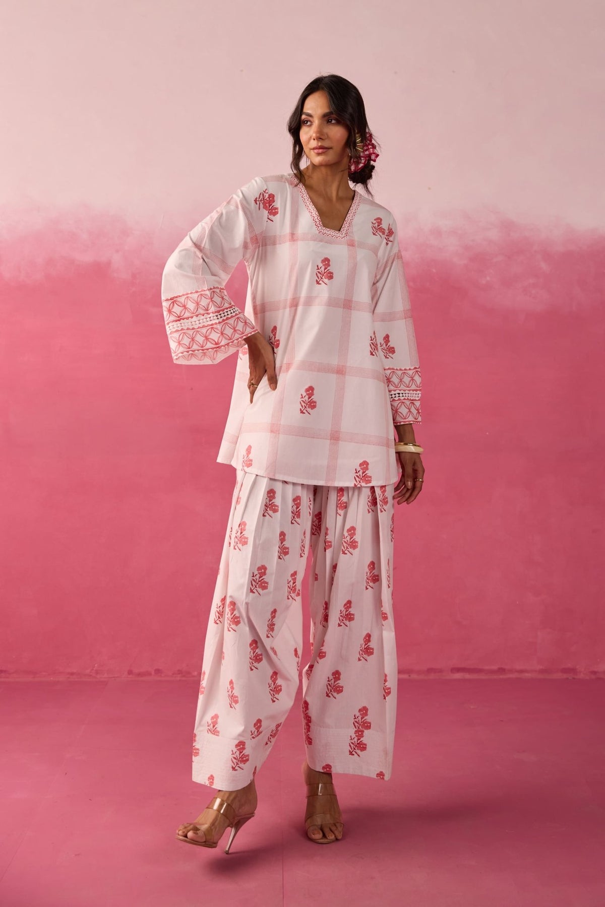 White & Red Check Floral Hand Block Printed Co-ord Set - Tara-C-Tara