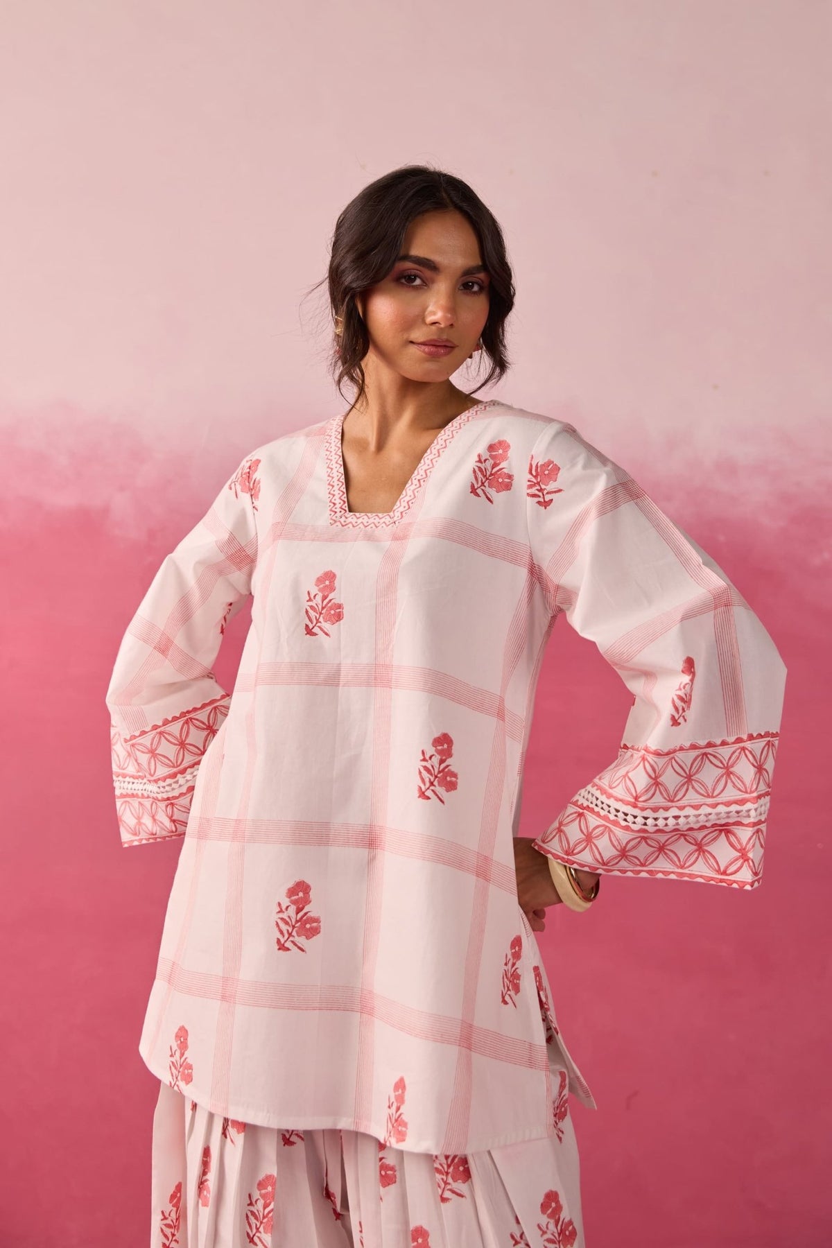 White & Red Check Floral Hand Block Printed Co-ord Set - Tara-C-Tara