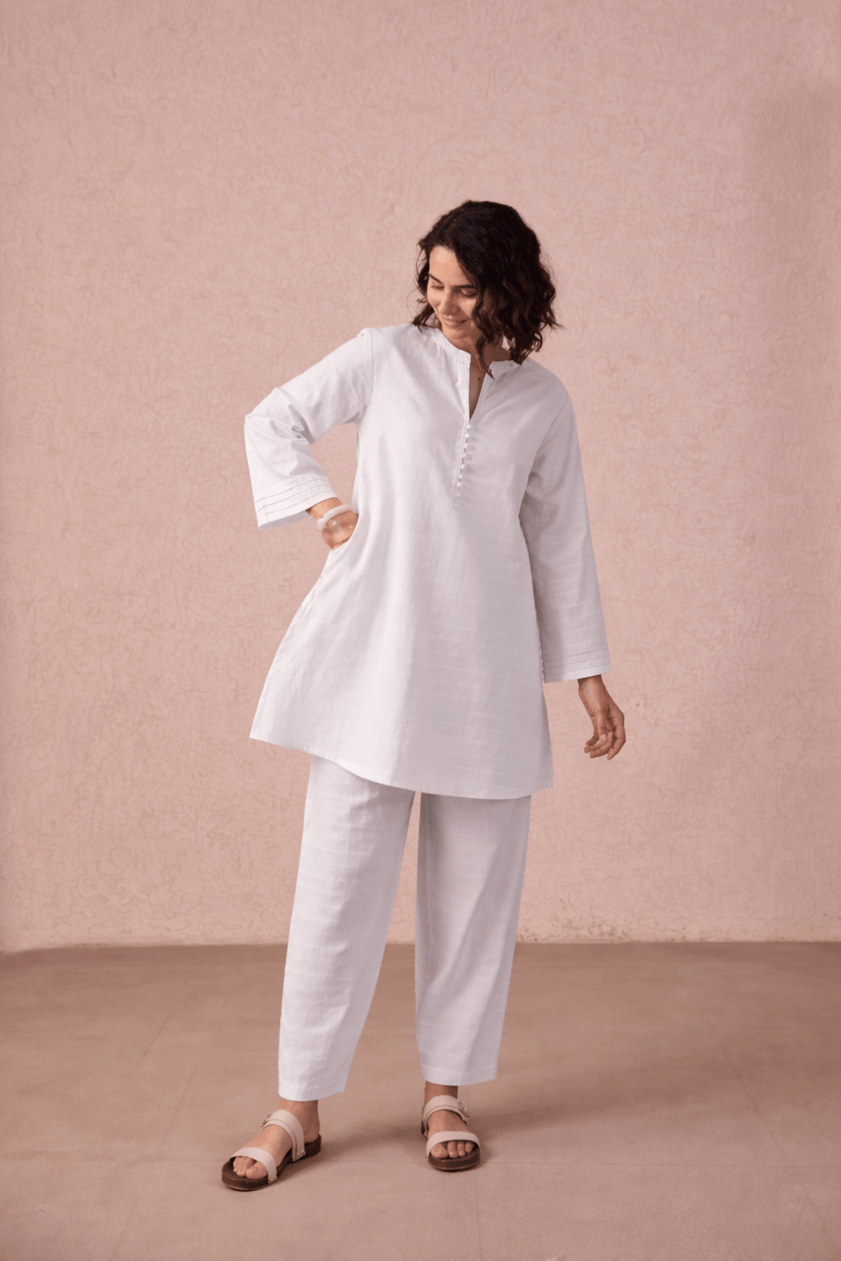 White Solid Checks Cotton Coord Set - Tara - C - Tara