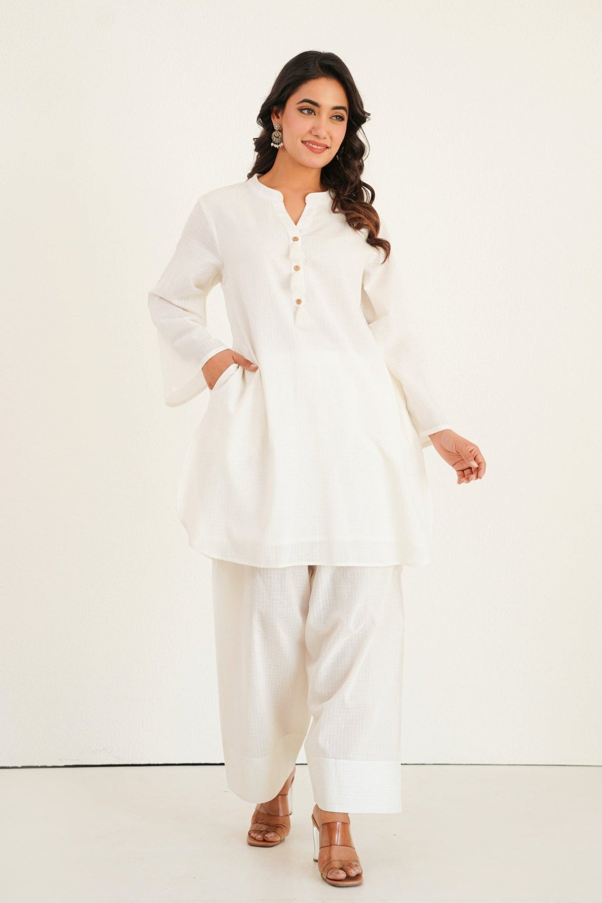 White Solid Farsi Salwar Coord Set - Tara - C - Tara