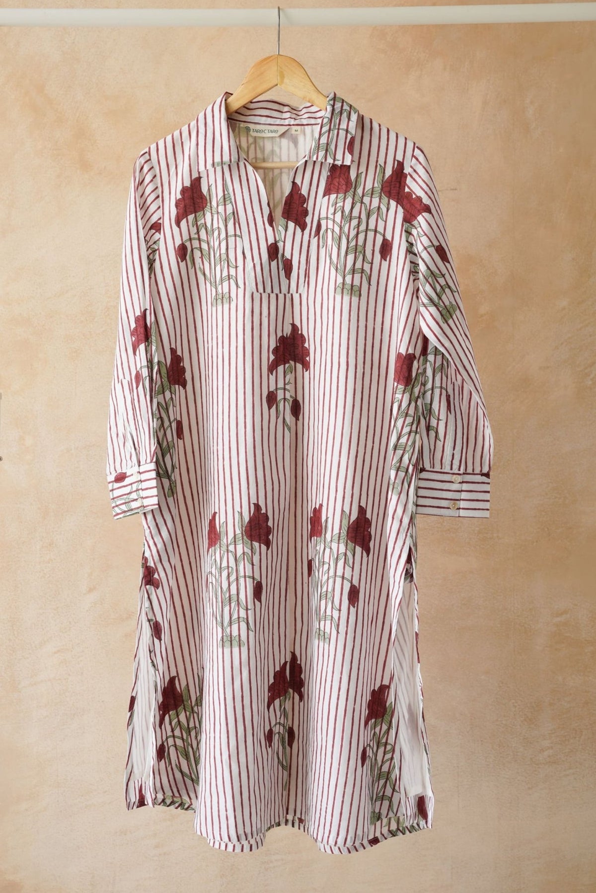 White Stripe & Red Rose Block Print Shirt Kurta - Tara - C - Tara