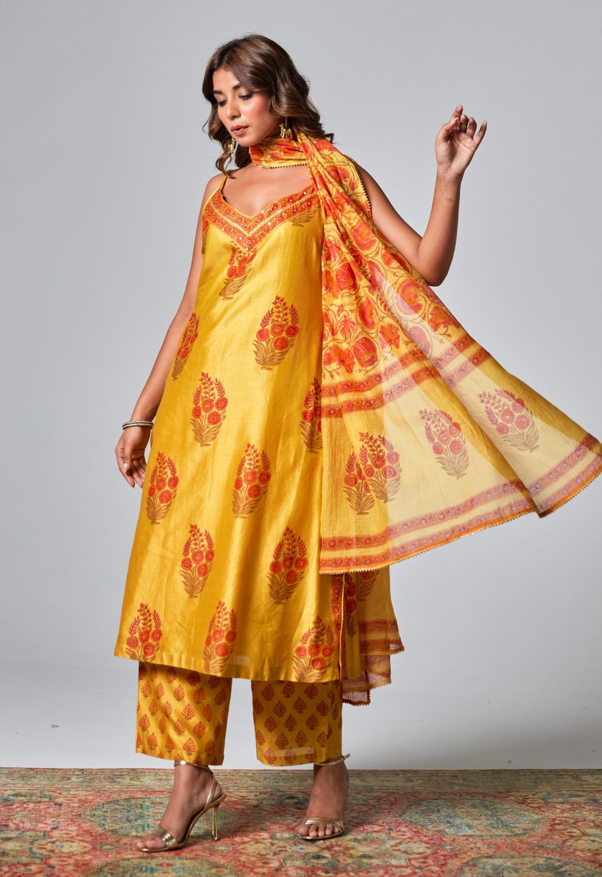 Yellow Chanderi Hand Block Printed Suit Set With Dupatta - Tara - C - Tara