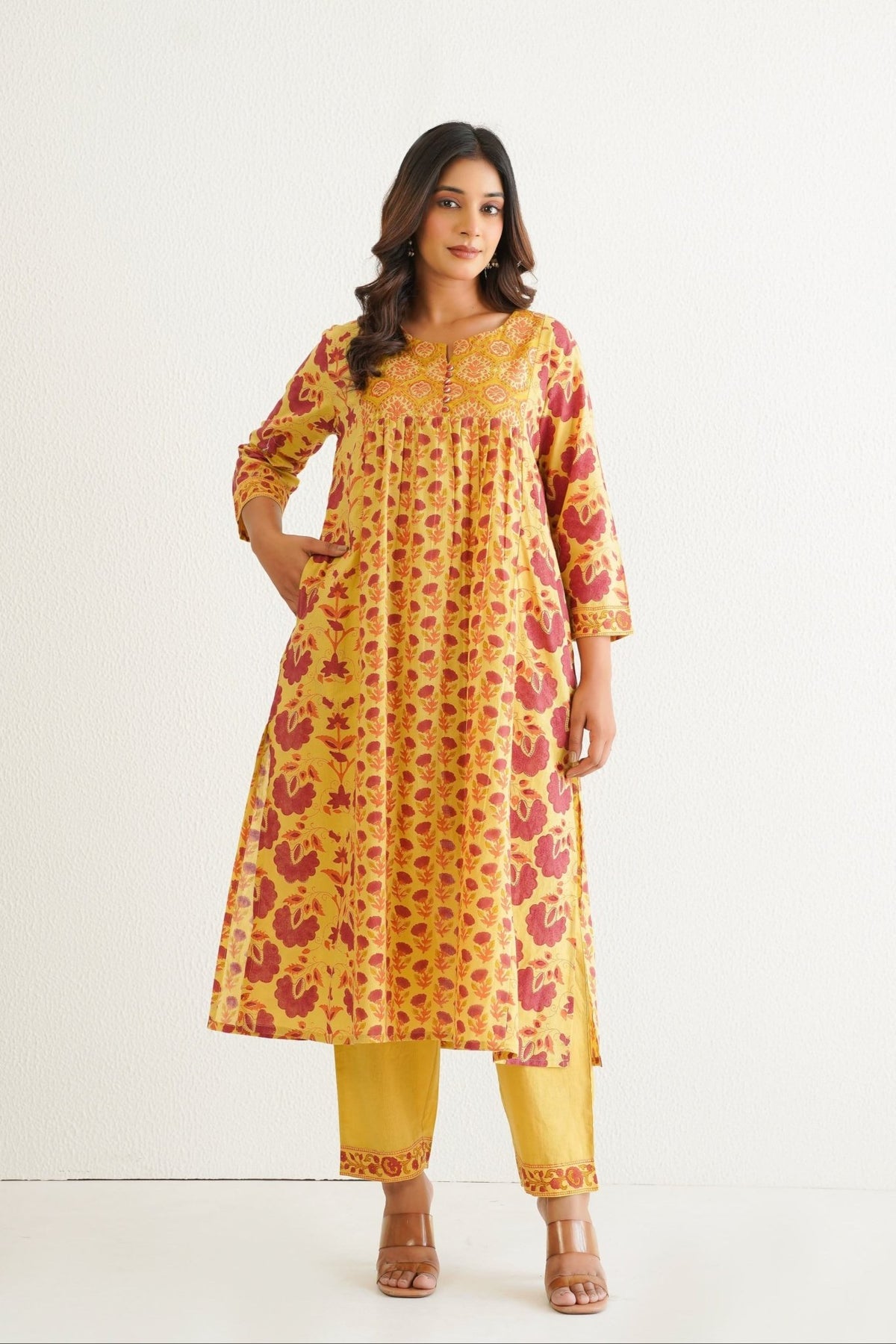 Yellow Cotton Hand Block Printed Coord Set - Tara - C - Tara