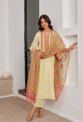Yellow Cotton hand block Printed Kurta Set With Dupatta - Tara - C - Tara