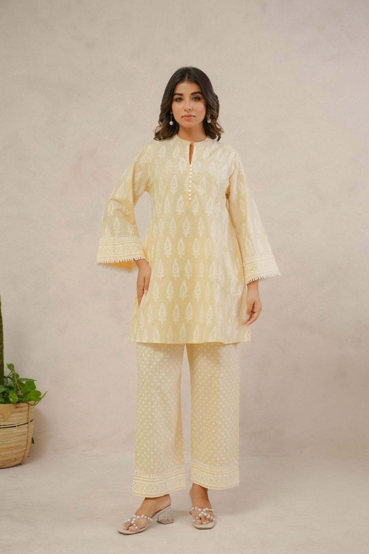 Yellow Ochre White Khari hand Block Printed Coordset - Tara - C - Tara