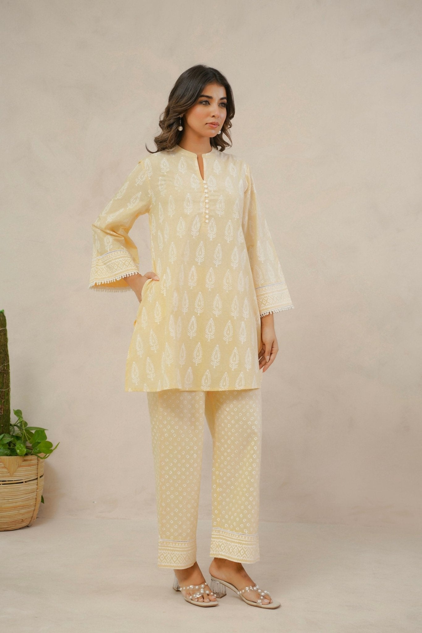 Yellow Ochre White Khari hand Block Printed Coordset - Tara - C - Tara