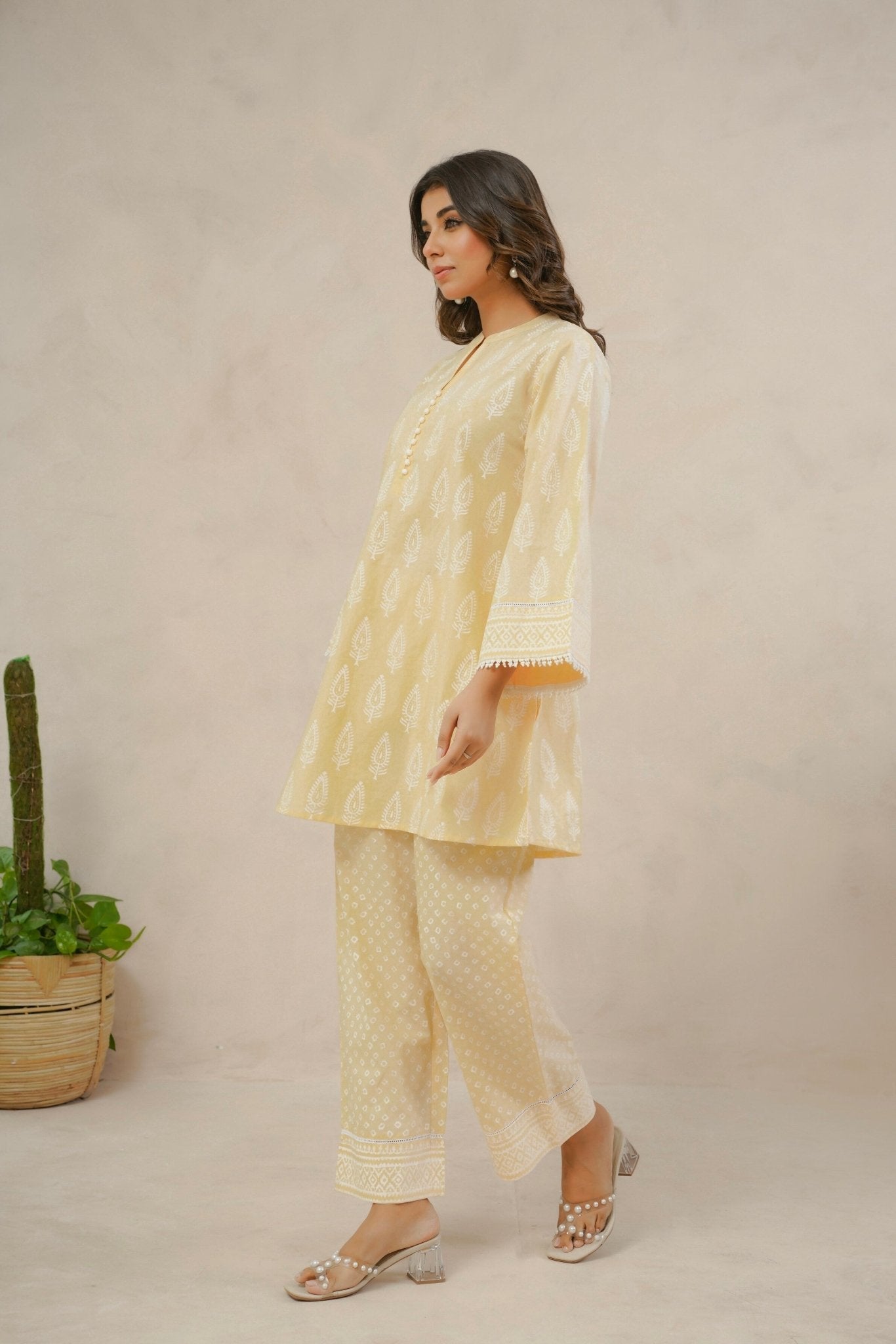 Yellow Ochre White Khari hand Block Printed Coordset - Tara - C - Tara