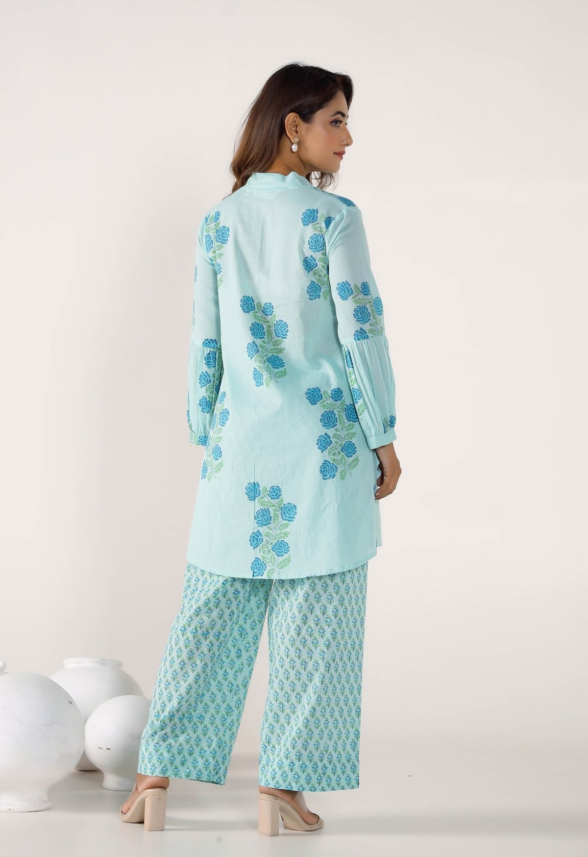 Aqua Blue bHand Block Printed Floral Co-ord Set (2pc) - Tara-C-Tara