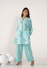 Aqua Blue bHand Block Printed Floral Co-ord Set (2pc) - Tara-C-Tara