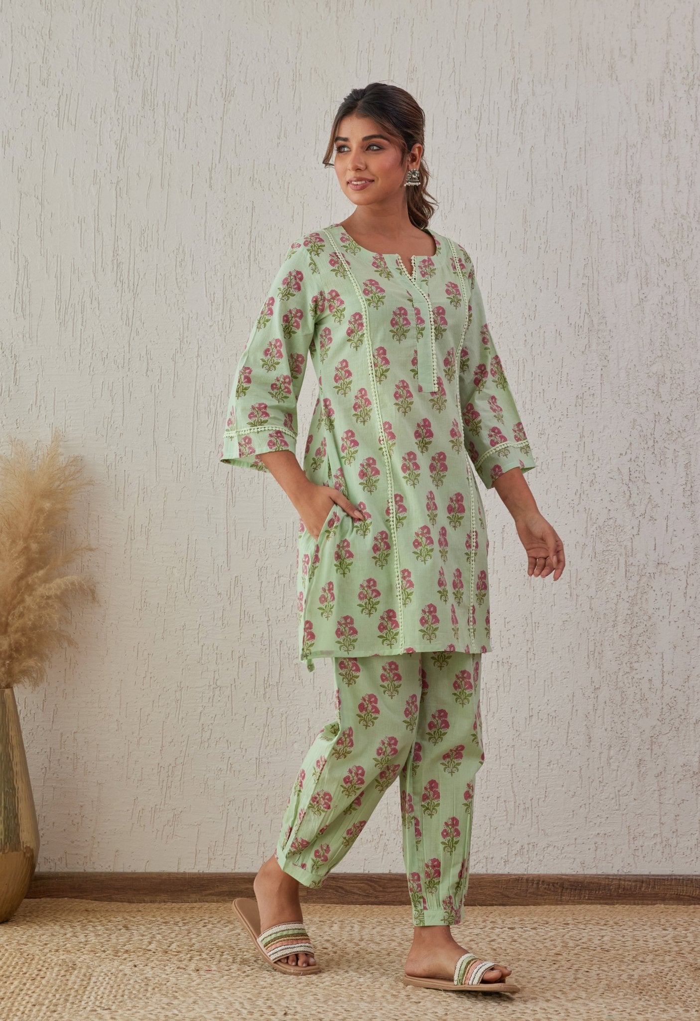 Green Floral Buti Co-ord Set - Tara-C-Tara