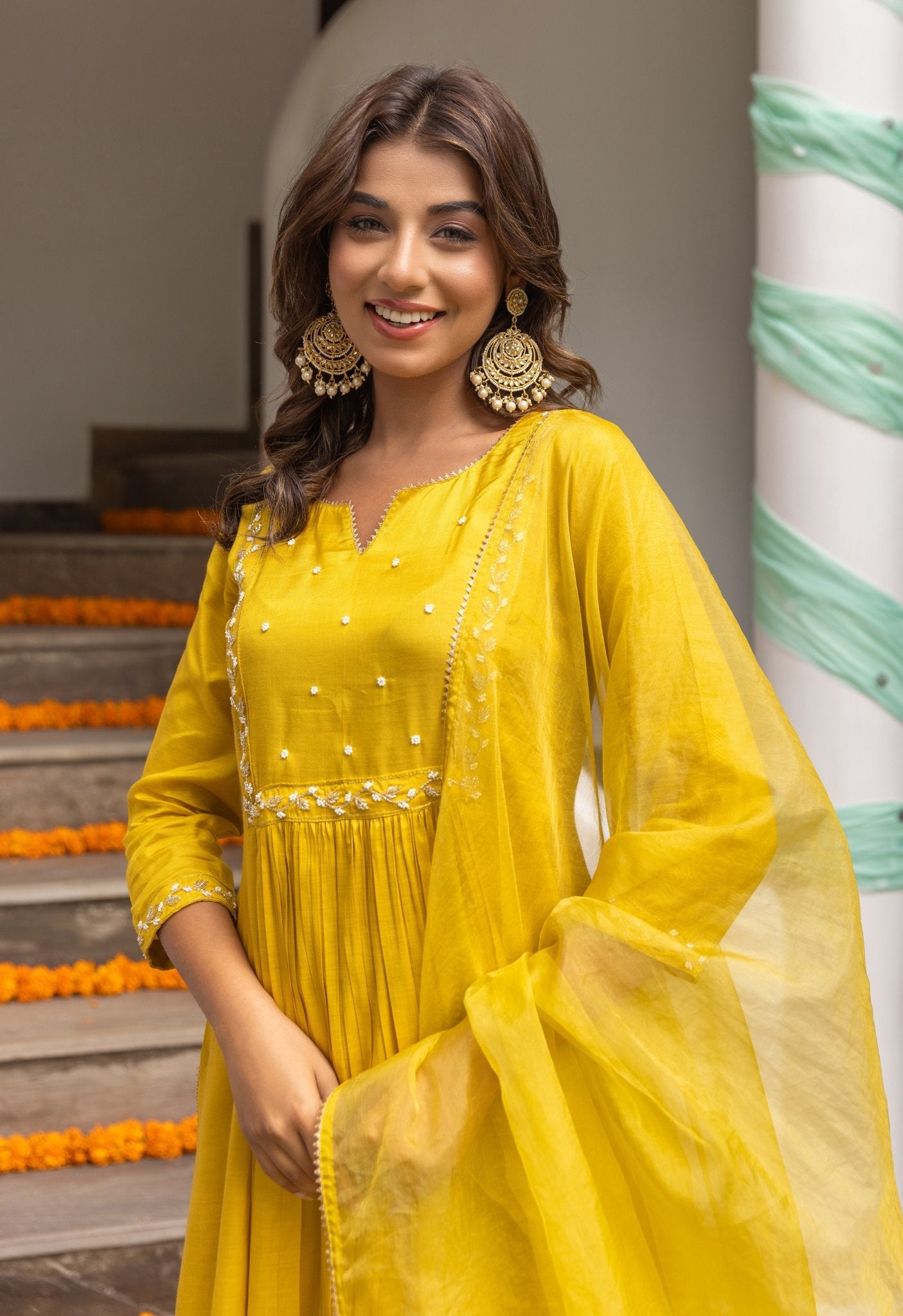 Mustard Embroidered Kurta With palazzo and organza Dupatta - Tara-C-Tara