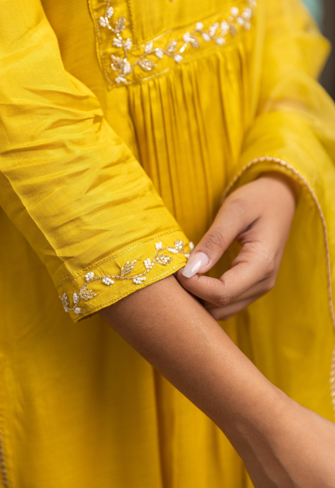 Mustard Embroidered Kurta With palazzo and organza Dupatta - Tara-C-Tara