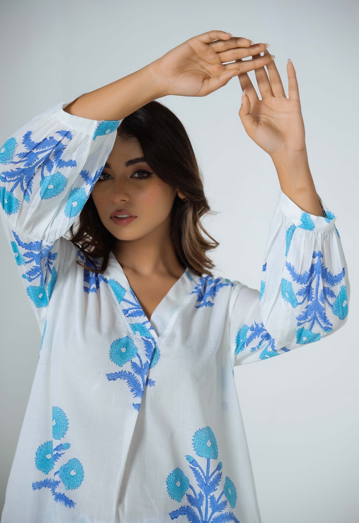 Turquoise Hand Block Printed Floral Co-ord Set (2pc) - Tara-C-Tara