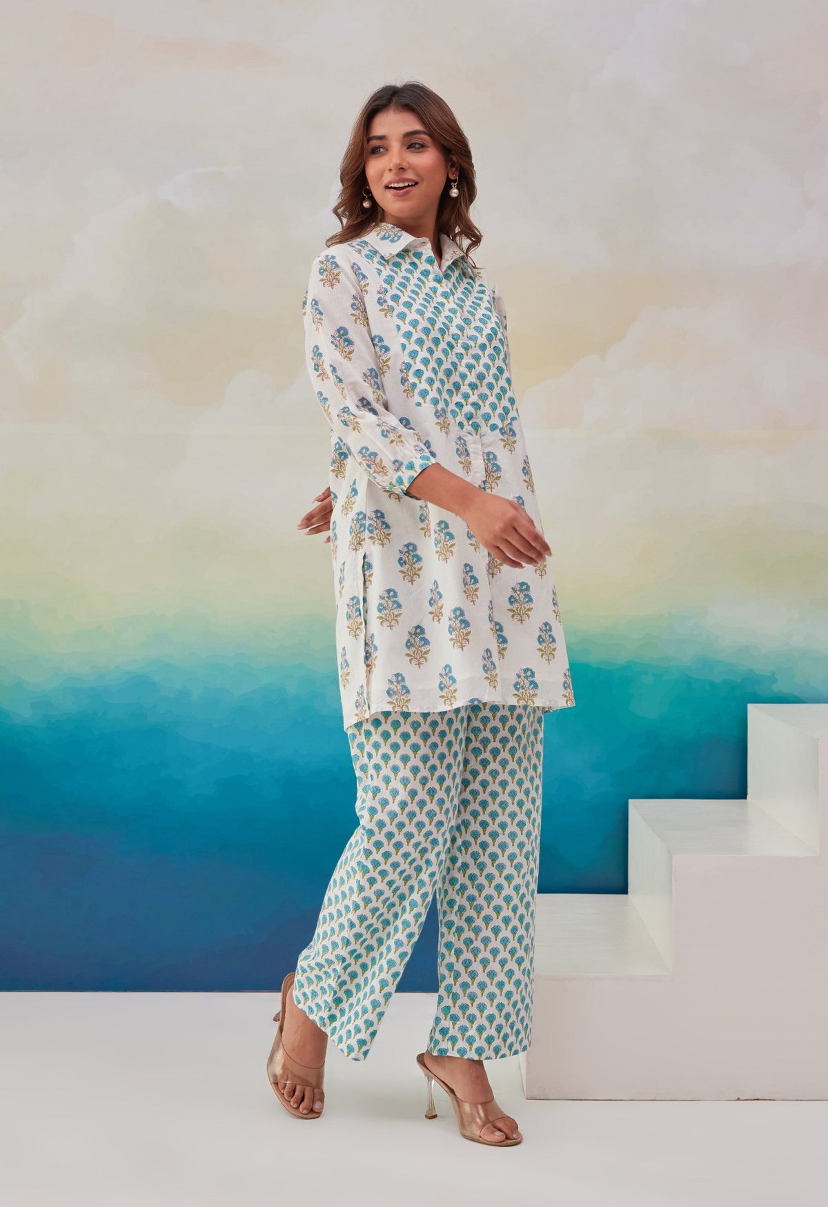 White Blue Hand Block Printed Co-ord set - Tara-C-Tara