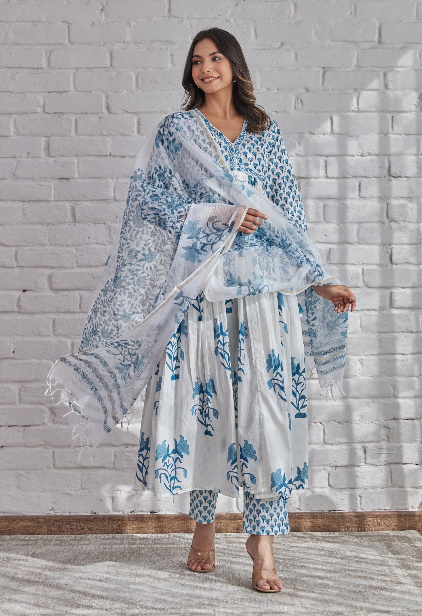 cotton dresses with dupatta women Indian Women Long Anarkali Cotton Printed Gray Color Kurti With Zari Work On Kurti, Pant With Dupatta Set Dress Special For Women, Christmas
