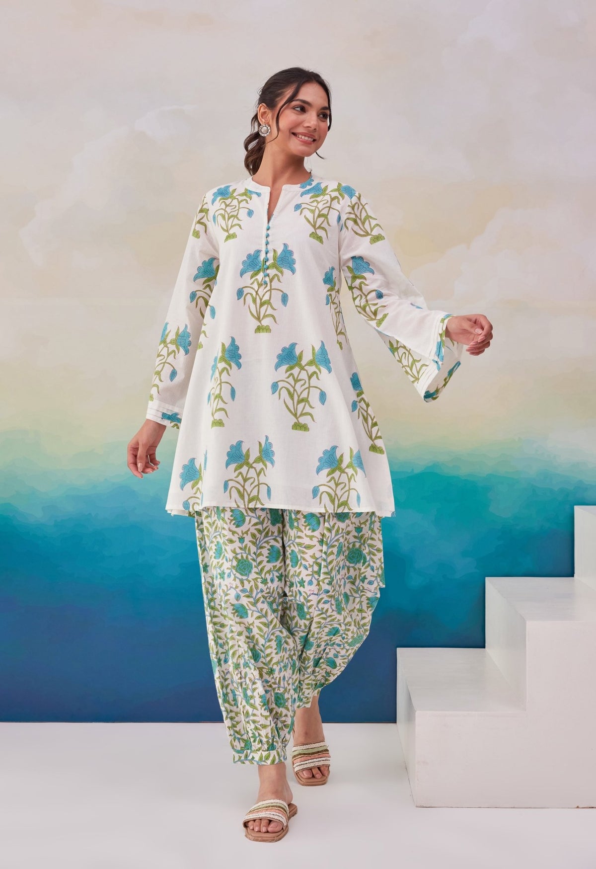 WHITE HAND BLOCK PRINTED COORD SET - Tara-C-Tara