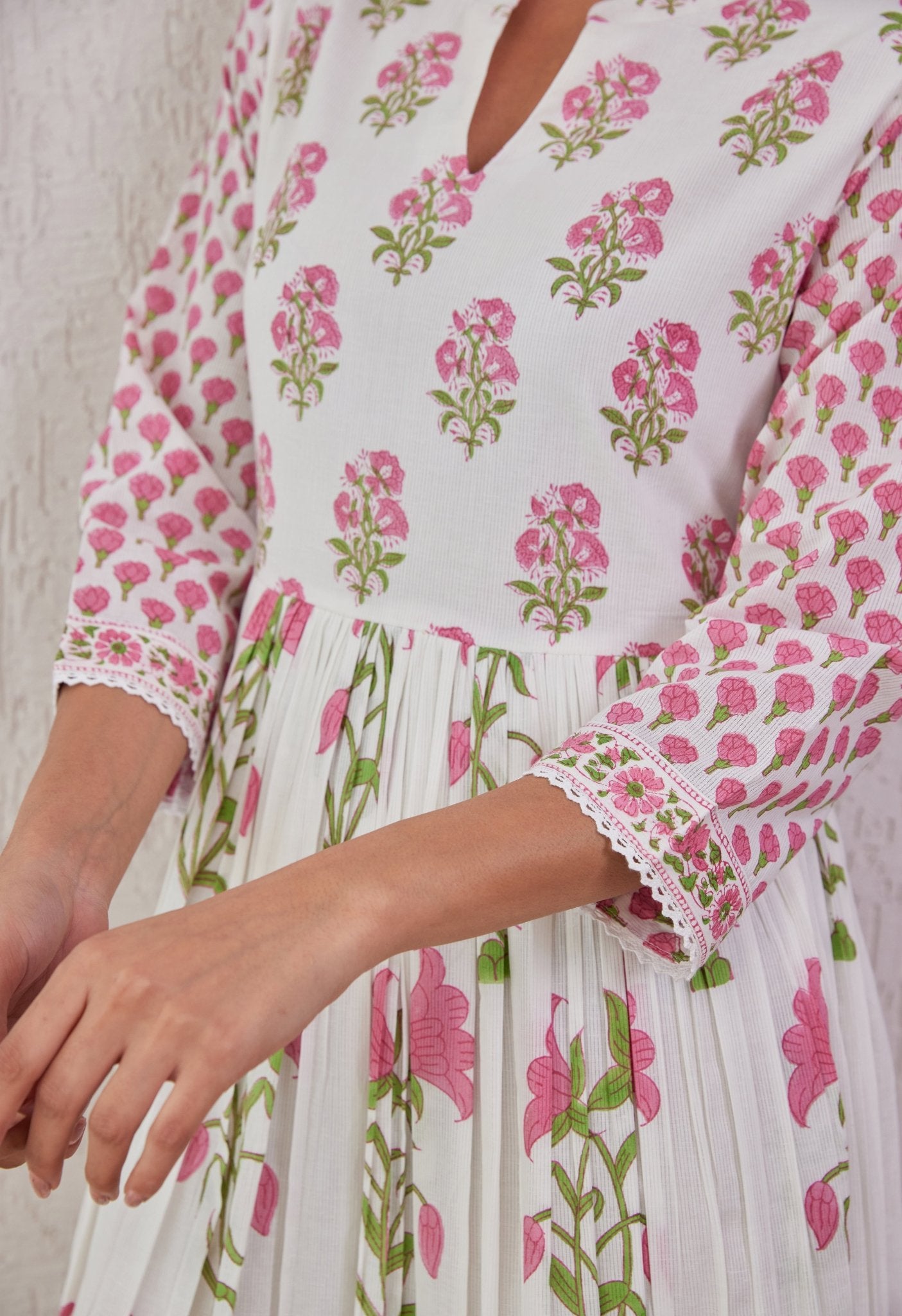 WHITE HAND BLOCK PRINTED TIERED DRESS - Tara-C-Tara