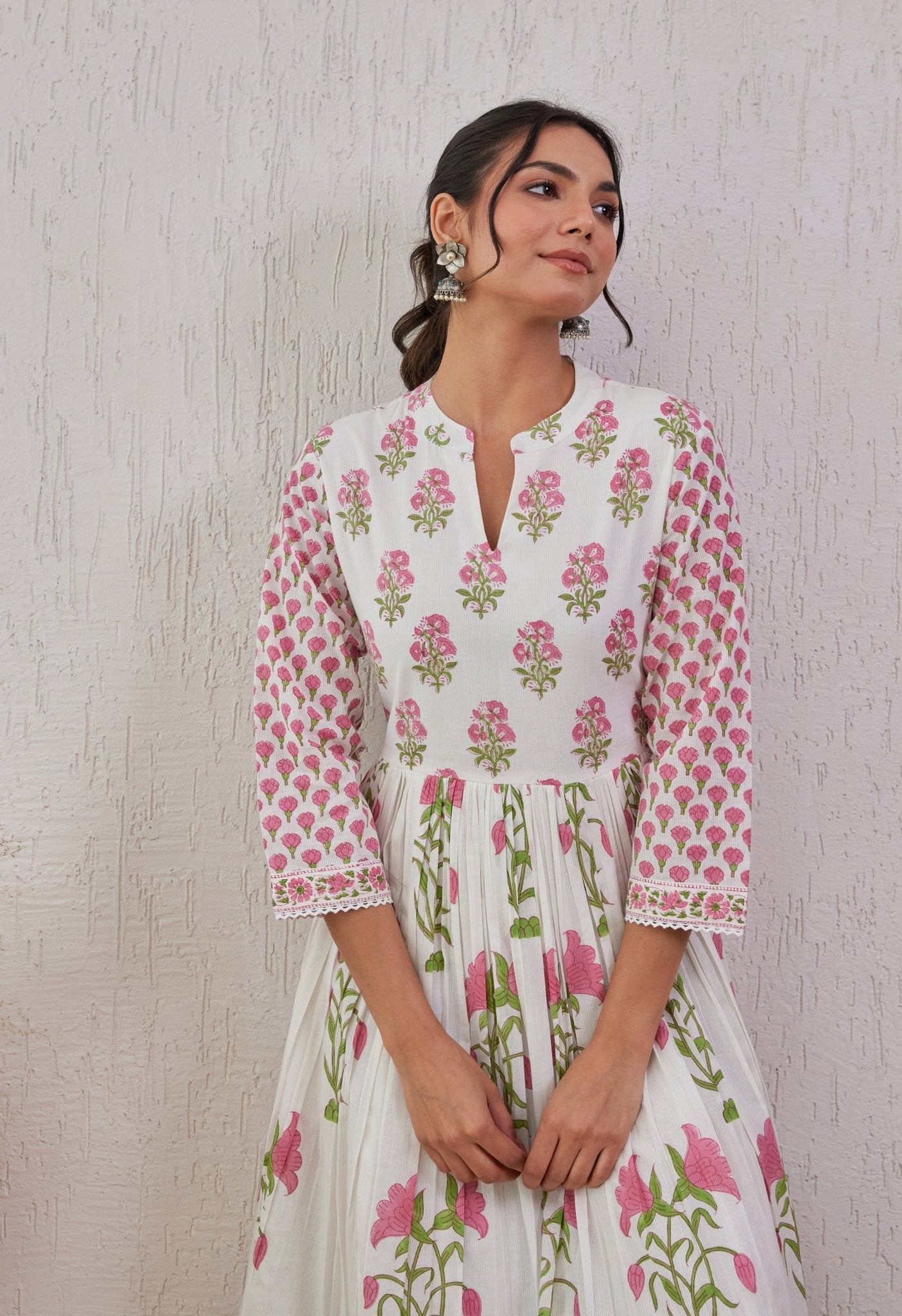 WHITE HAND BLOCK PRINTED TIERED DRESS - Tara-C-Tara
