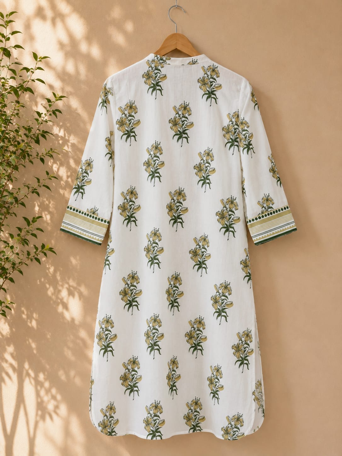 Ivory Lily Print Pintuck Cotton Kurta