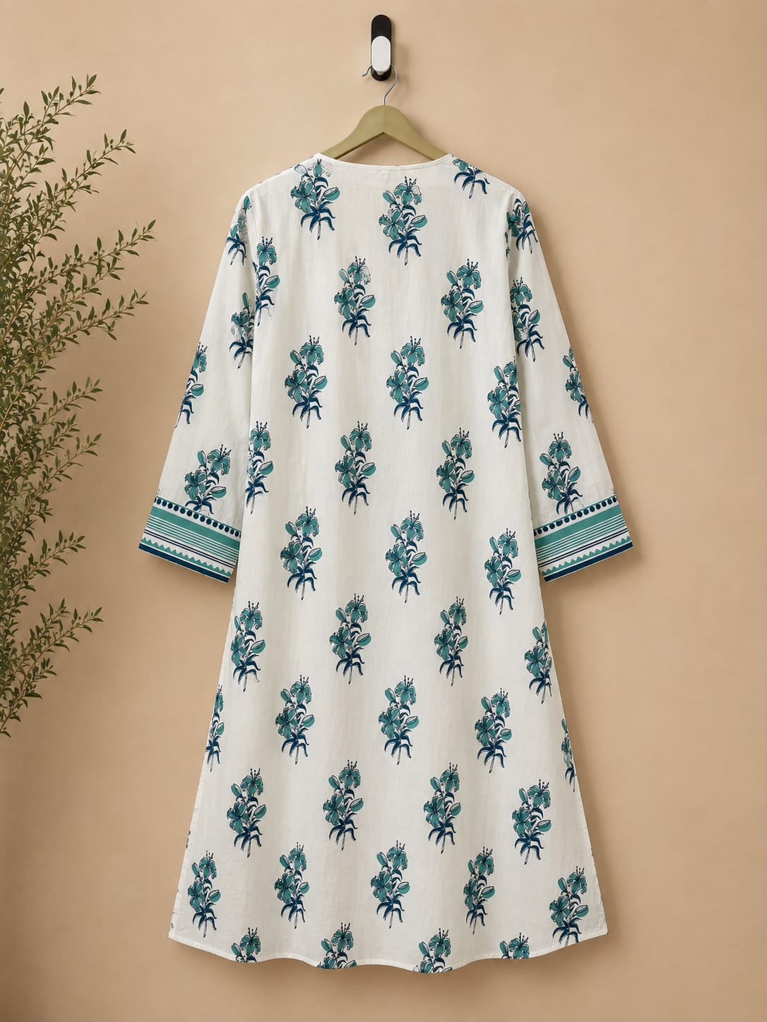 Teal Lily Print Pintuck Cotton Kurta