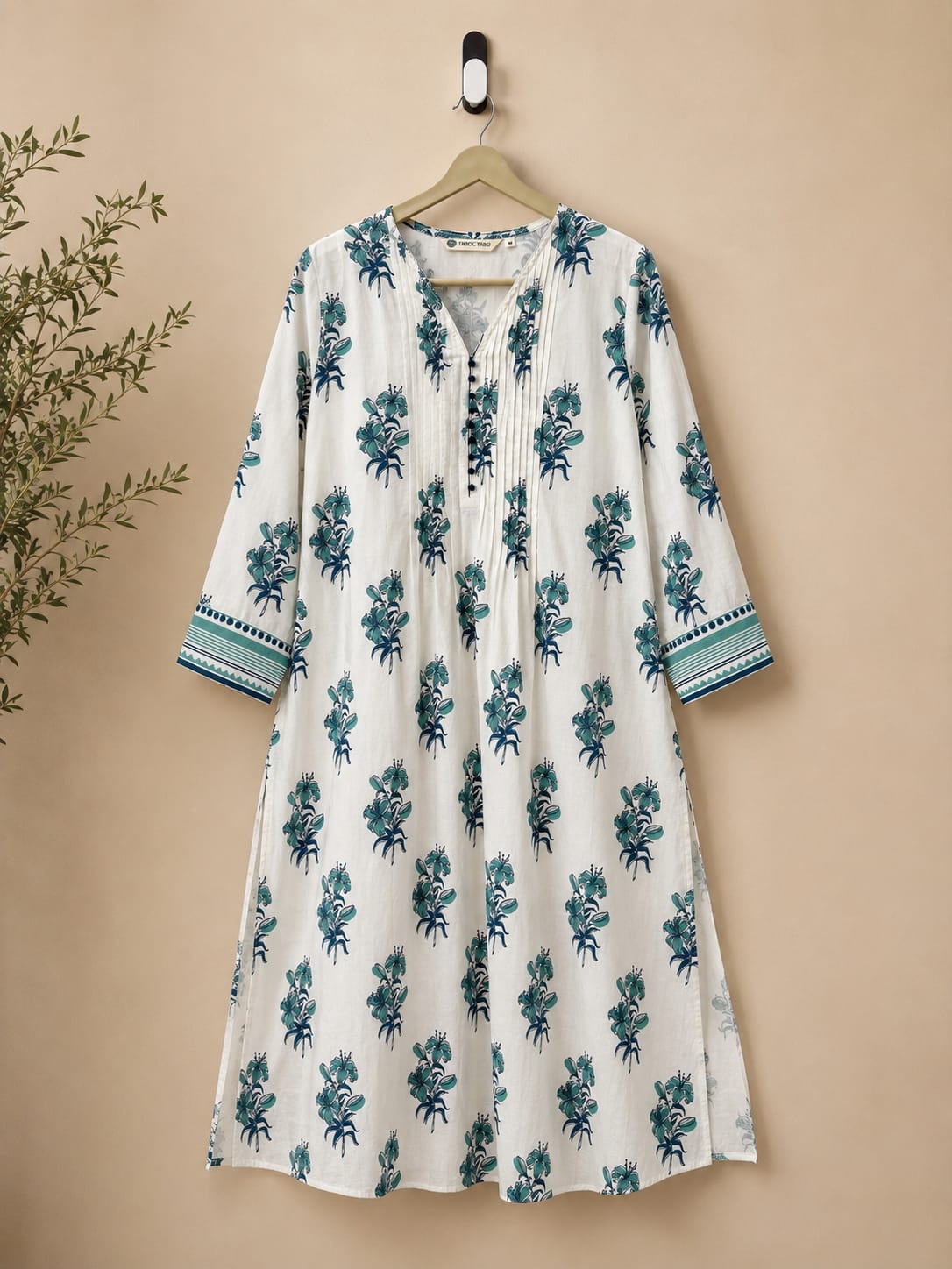 Teal Lily Print Pintuck Cotton Kurta