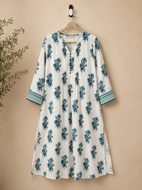 Teal Lily Print Pintuck Cotton Kurta