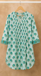 Mint Green Floral Booti Pintuck Short Kurti