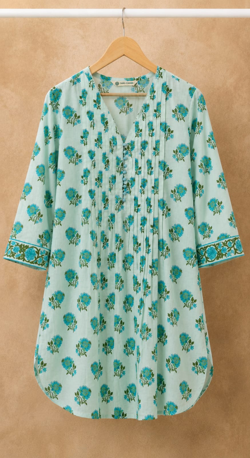 Mint Green Floral Booti Pintuck Short Kurti