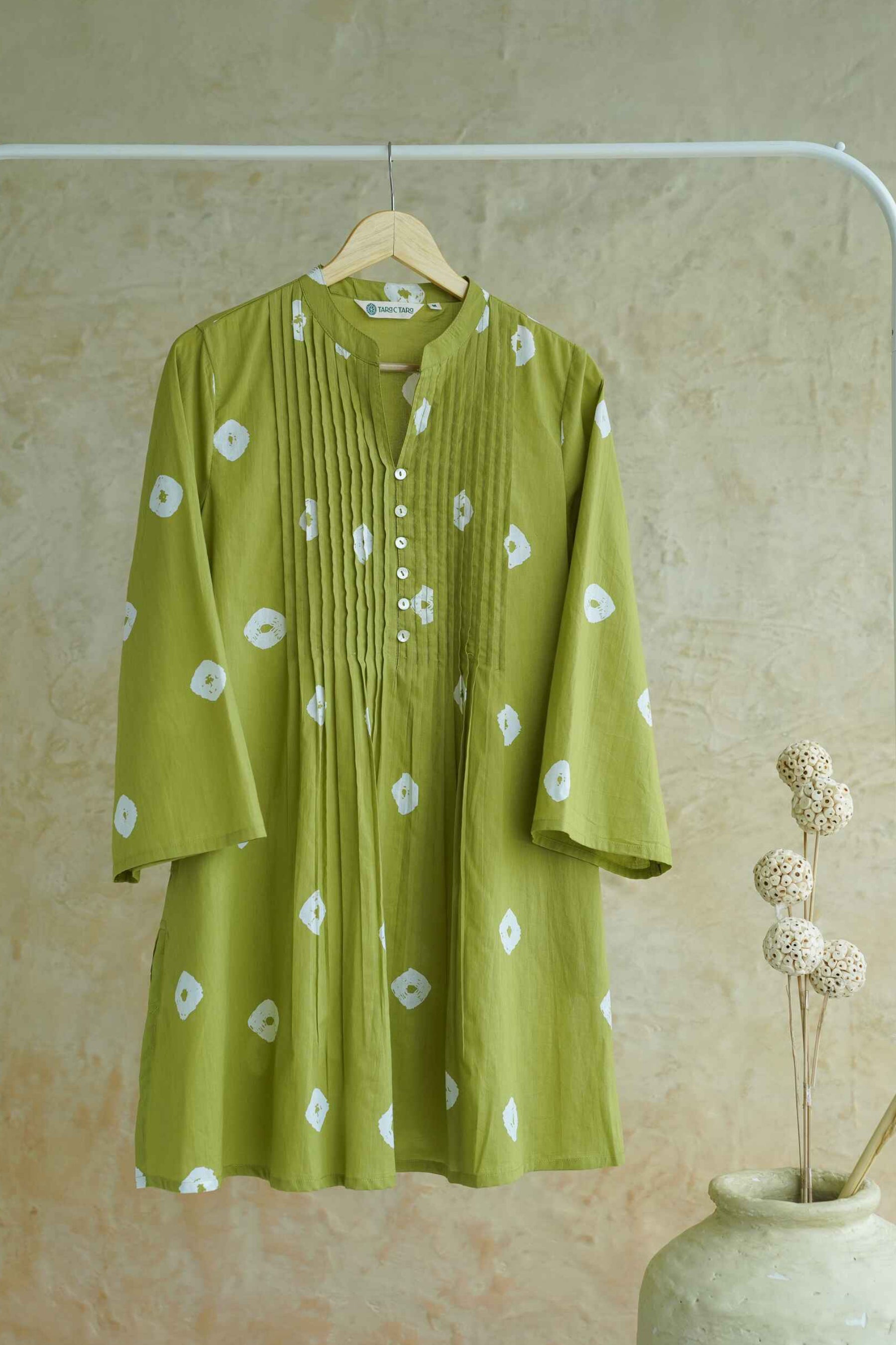 Olive Green Bandhej Block Print Pintuck Tunic