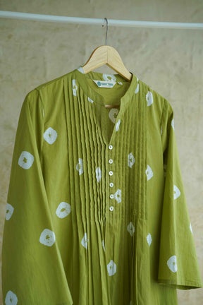 Olive Green Bandhej Block Print Pintuck Tunic