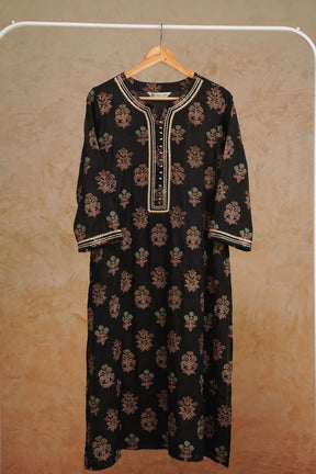 Black Floral Printed Art Silk Kurta