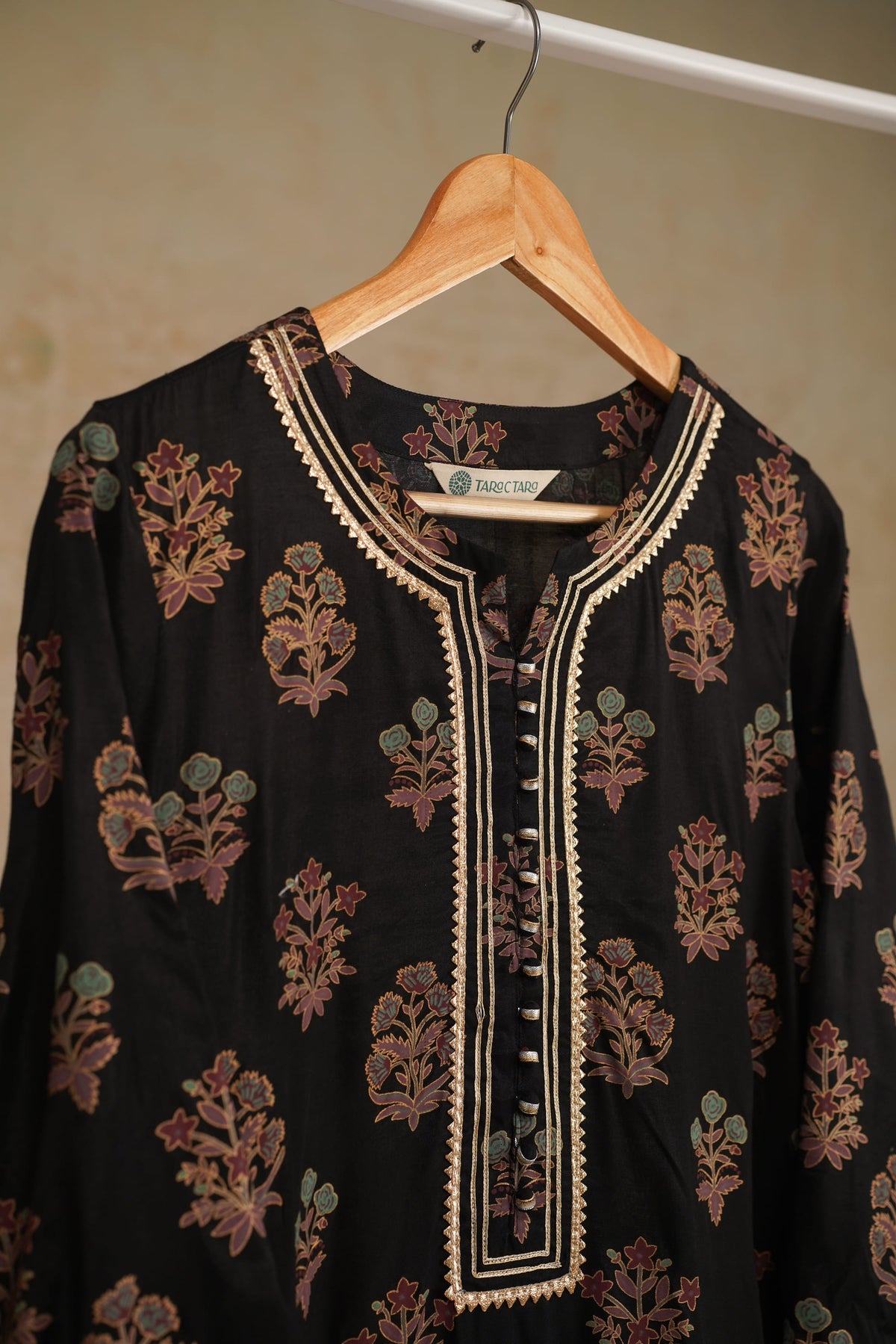 Black Floral Printed Art Silk Kurta