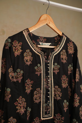 Black Floral Printed Art Silk Kurta