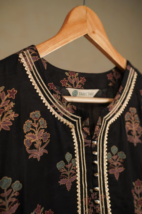 Black Floral Printed Art Silk Kurta