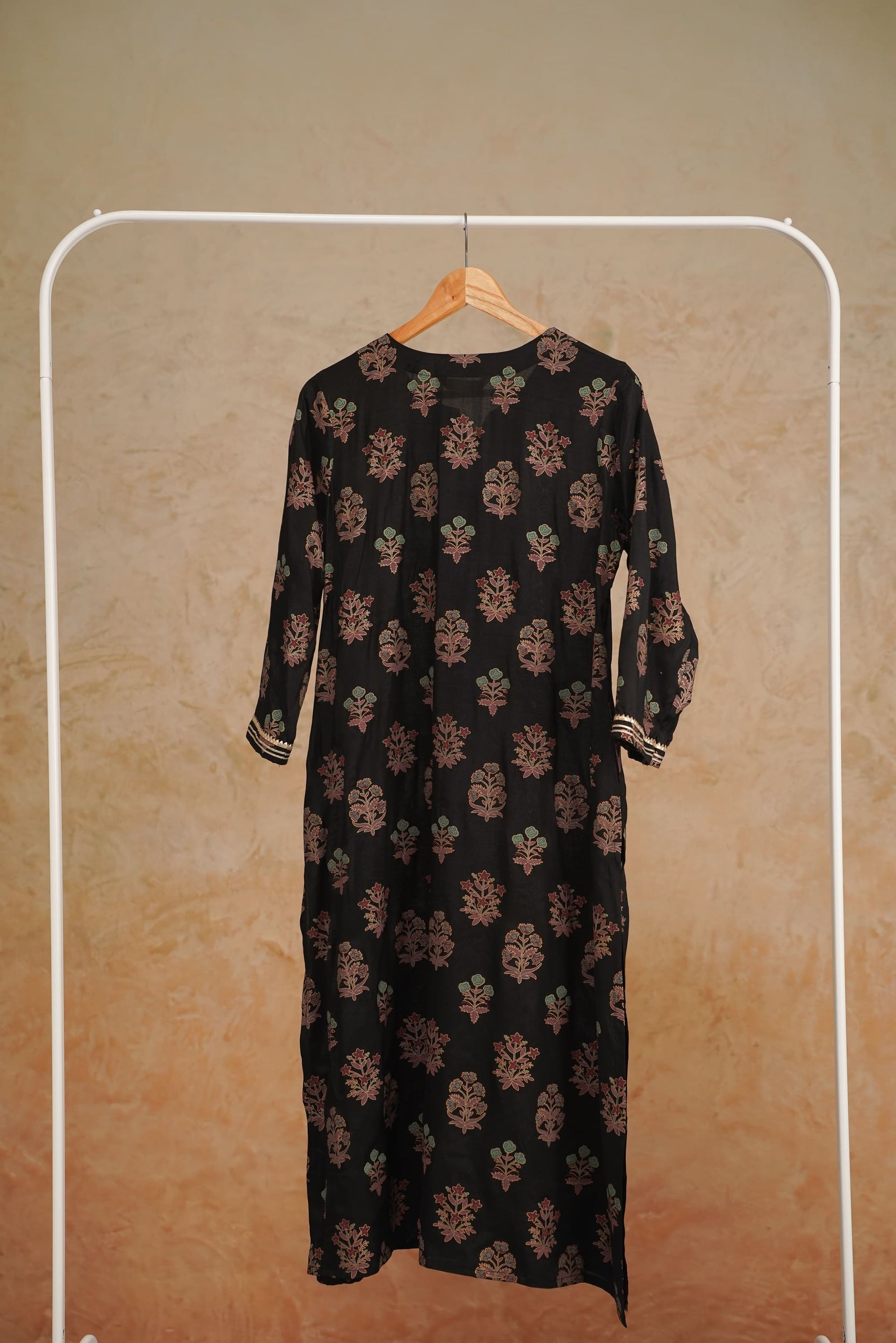 Black Floral Printed Art Silk Kurta