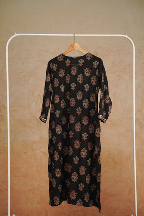 Black Floral Printed Art Silk Kurta