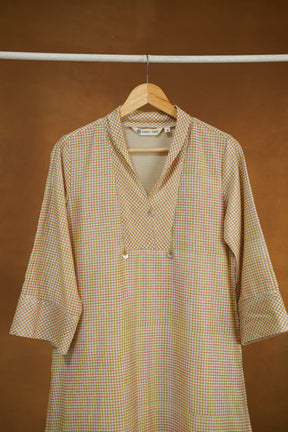 Pastel Pink Checks Hand Block Printed Chanderi Silk Kurta with Lining