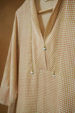 Pastel Pink Checks Hand Block Printed Chanderi Silk Kurta with Lining