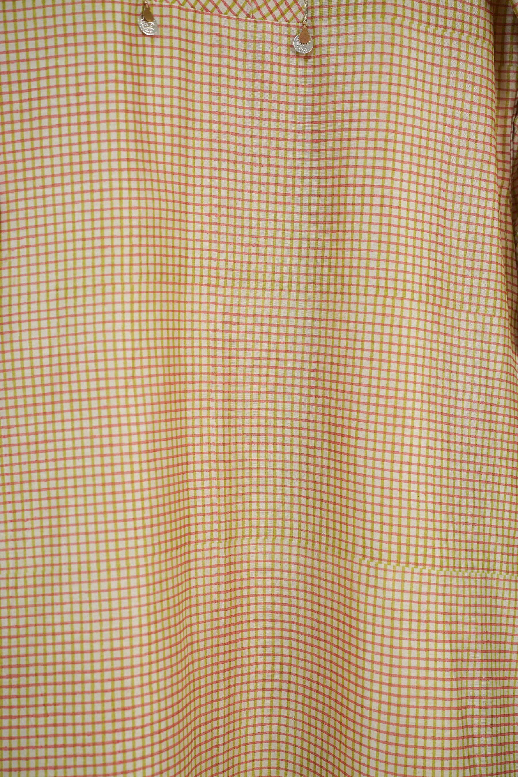 Pastel Pink Checks Hand Block Printed Chanderi Silk Kurta with Lining