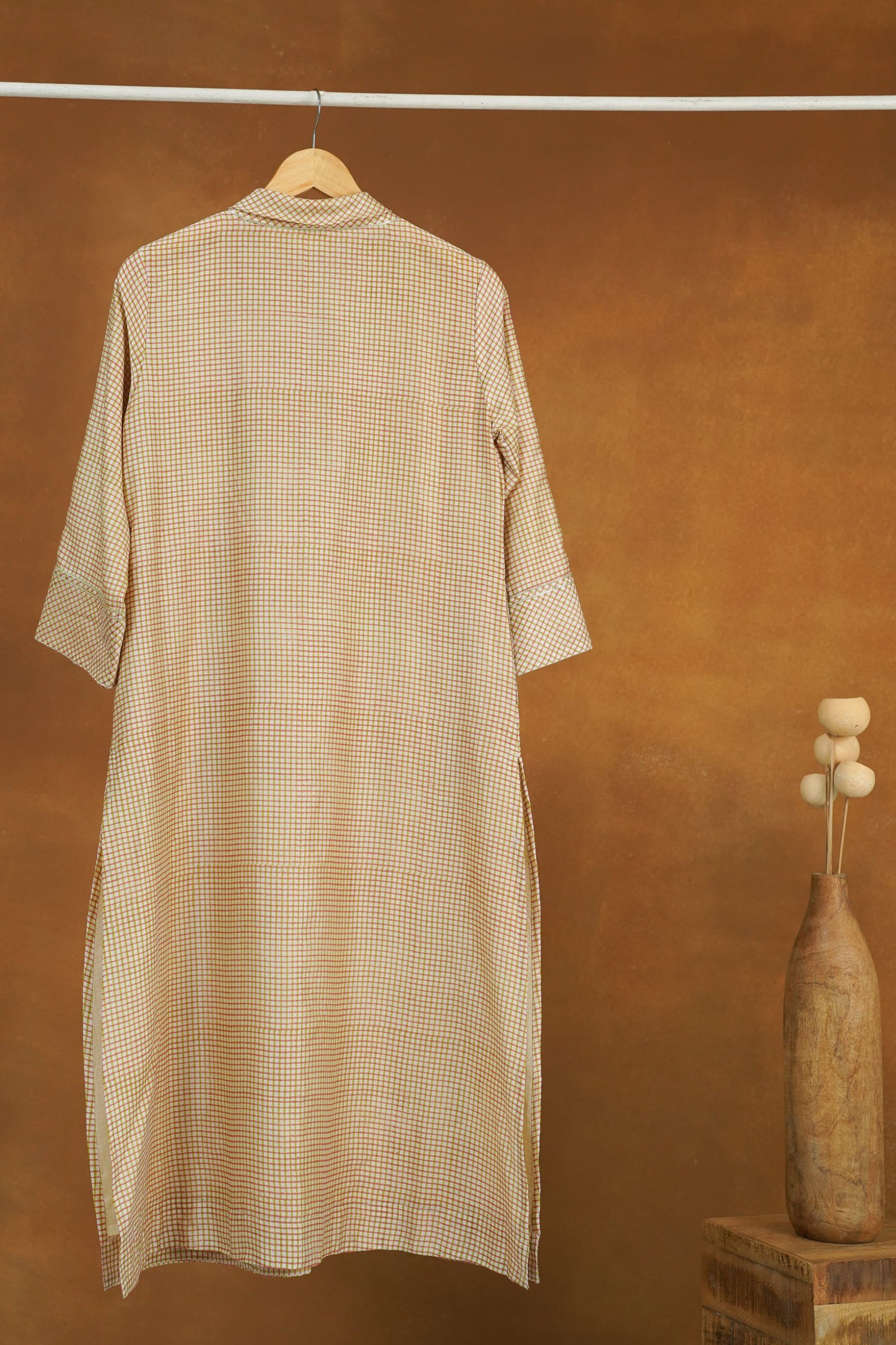 Pastel Pink Checks Hand Block Printed Chanderi Silk Kurta with Lining