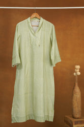Pastel Green Checks Hand Block Printed Chanderi Silk Kurta with Lining