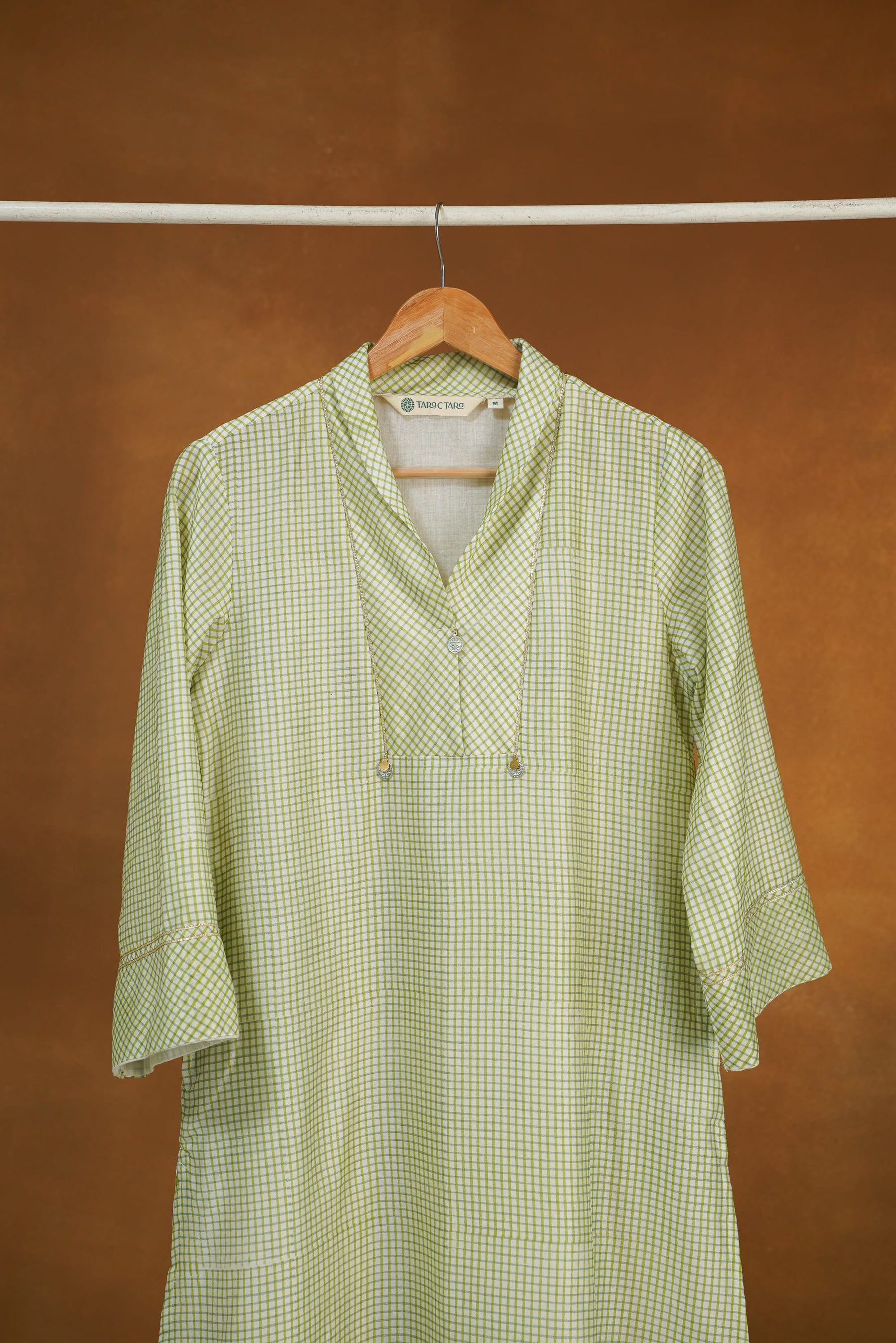 Pastel Green Checks Hand Block Printed Chanderi Silk Kurta with Lining