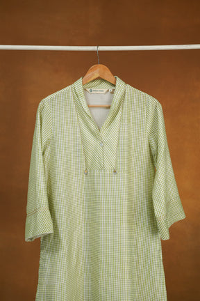 Pastel Green Checks Hand Block Printed Chanderi Silk Kurta with Lining