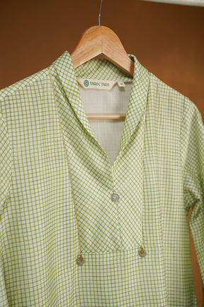 Pastel Green Checks Hand Block Printed Chanderi Silk Kurta with Lining