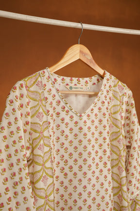 Ivory Green Floral Hand Block Printed Chanderi Silk Kurta
