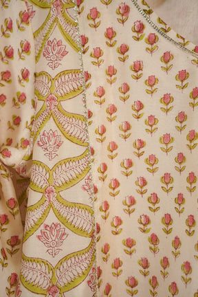 Ivory Green Floral Hand Block Printed Chanderi Silk Kurta