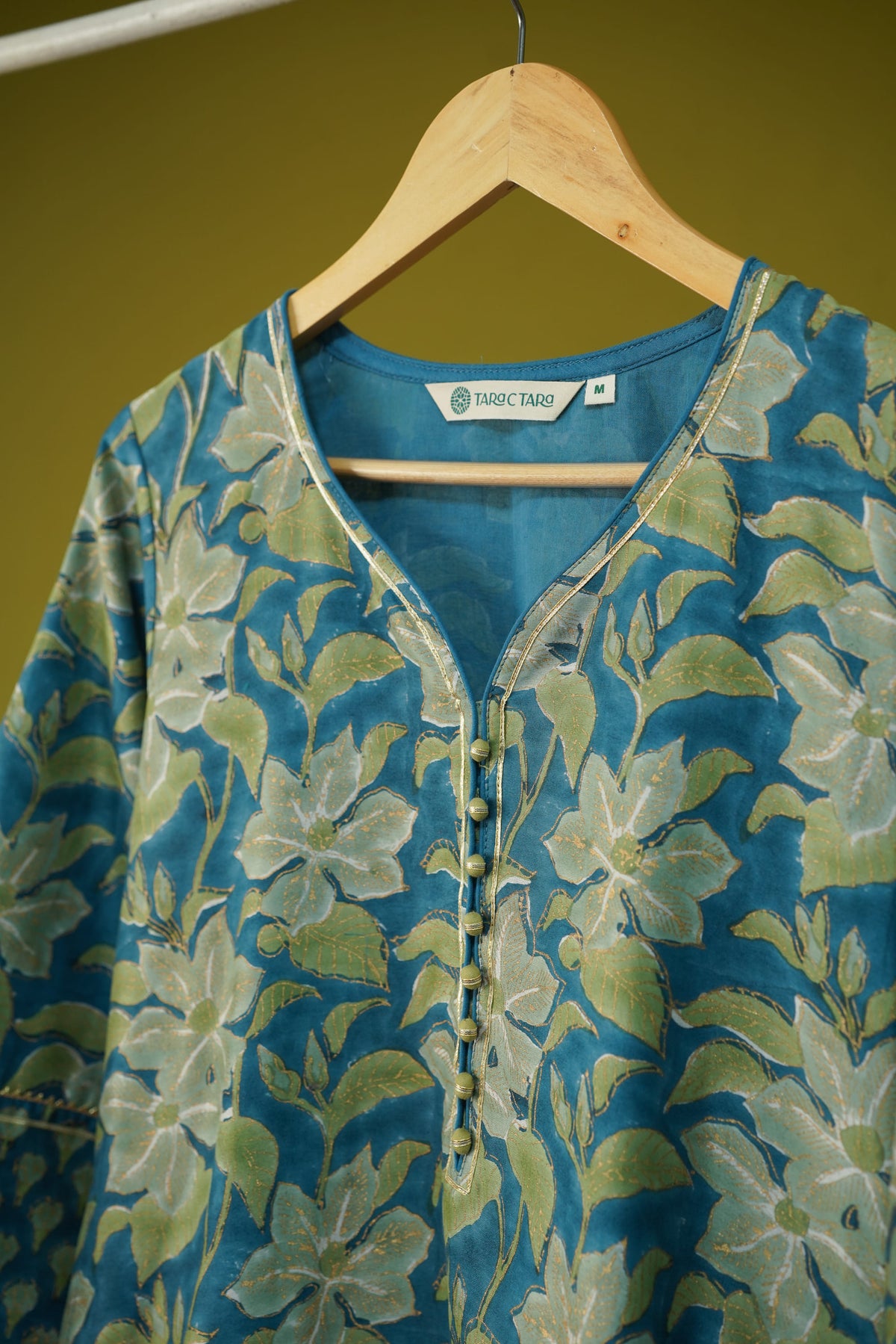 Teal Floral Hand Block Printed Chanderi Silk Kurta